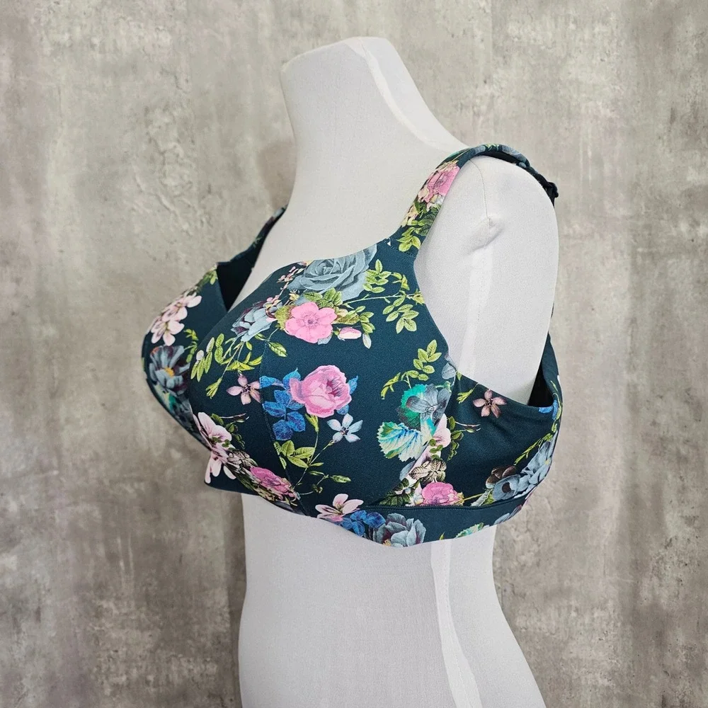 Cacique 46DD Lightly Lined‎ Balconette Floral Underwire Bra Teal Pink Blue
